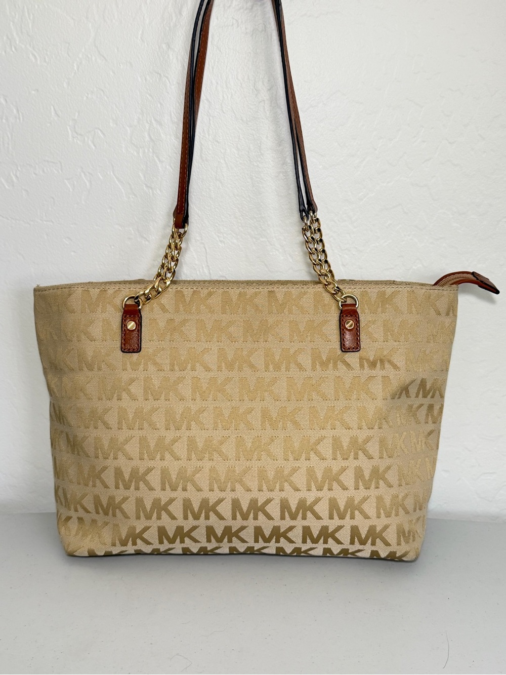 Michael Kors Beige MK Monogram Canvas Tote/Shoulder Bag